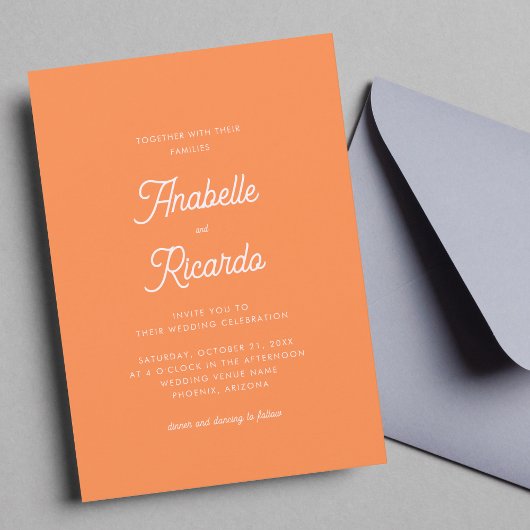 鮮やかなオレンジとピンクの写真付きQRコード結婚式招待状 招待状