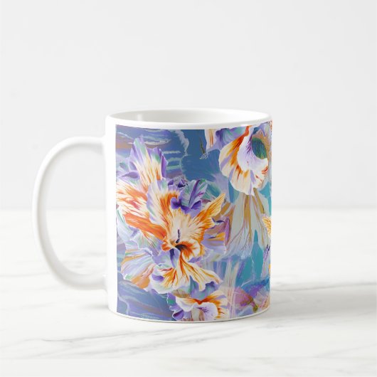 鮮やかなオレンジとブルーの抽象的な花柄コーヒーマグ コーヒーマグカップ (左)