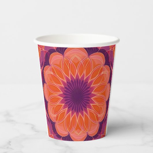 鮮やかなオレンジに紫の花のカラフルな万花鏡 紙コップ (裏面)