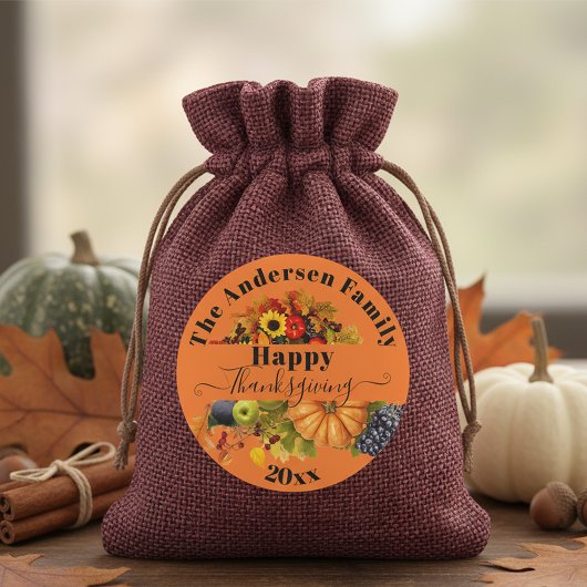 鮮やかなオレンジの秋の豊穣 ファミリーサンクスギビング ラウンドシール