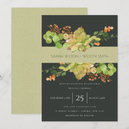 鮮やかなオレンジの花の水彩ウェディング 招待状