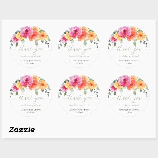 鮮やかなオレンジ色とピンクの芍薬の花のステッカー ラウンドシール (シート)