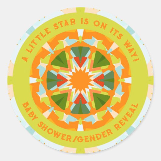鮮やかなオレンジ色と緑の星のベビーシャワー ラウンドシール (正面)