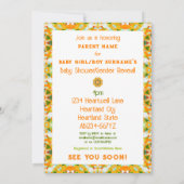 鮮やかなオレンジ色と緑の星のベビーシャワー 招待状 (裏面)