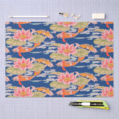 鮮やかなオレンジ色のコイフィッシュピンクフラワーダークブルーラップ 薄葉紙 (クラフト)