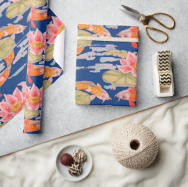 鮮やかなオレンジ色のコイフィッシュピンクフラワーダークブルー ラッピングペーパー