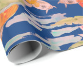 鮮やかなオレンジ色のコイフィッシュピンクフラワーダークブルー ラッピングペーパー (ロールコーナー)