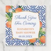 鮮やかなオレンジ色のシトラスブルータイルのウェディングまたはベイビーシャワー フェイバータグ (正面)