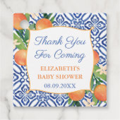 鮮やかなオレンジ色のシトリス ブルー タイル ブライダルまたはベイビー シャワー フェイバータグ (正面)