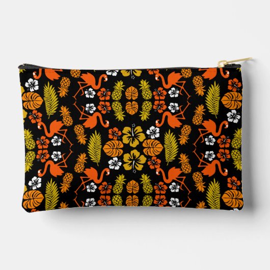 鮮やかなオレンジ色のフローラトロピカルパターン(の模様が)ある アクセサリーポーチ (裏面)