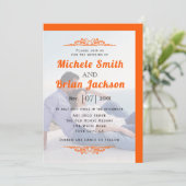 鮮やかなオレンジ色のヴィンテージ要素と写真の結婚式 招待状 (スタンド正面)