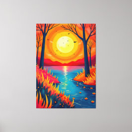 鮮やかなオレンジ色の夕焼け湖の風景アート キャンバスプリント