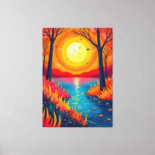 鮮やかなオレンジ色の夕焼け湖の風景アート キャンバスプリント