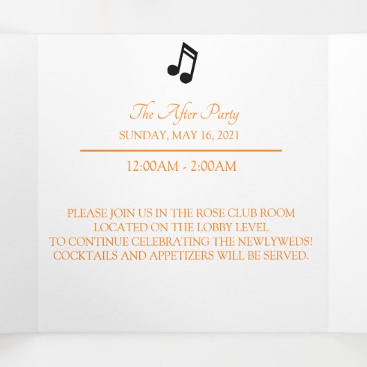 鮮やかなオレンジ色の夢のウェディングトリフォールドカード 三つ折り案内状 (内部中)