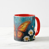 鮮やかなオレンジ色の昆虫蝶カモミールの花 マグカップ (正面右)