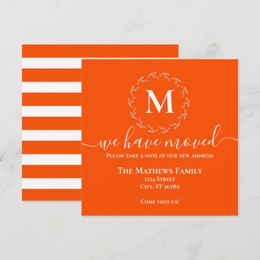 鮮やかなオレンジ色の白い花輪のモノグラム 移転しました 案内状 (正面/裏面)