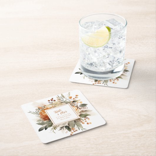 鮮やかなオレンジ色の秋の花と緑の装飾 スクエアペーパーコースター (インサイチュ)