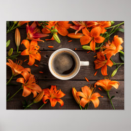 鮮やかなオレンジ色の花々に囲まれたコーヒーカップ ポスター
