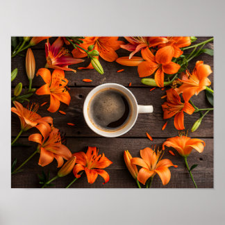 鮮やかなオレンジ色の花々に囲まれたコーヒーカップ ポスター