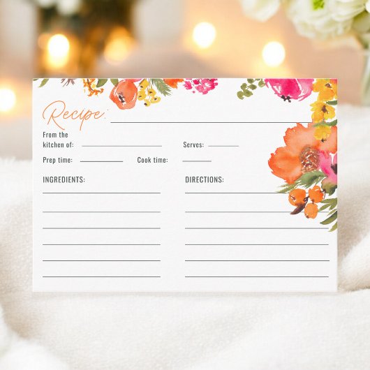 鮮やかなオレンジ色の花柄 ブライダルシャワーレシピカード エンクロージャーカード