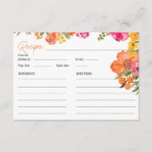 鮮やかなオレンジ色の花柄 ブライダルシャワーレシピカード エンクロージャーカード (正面)