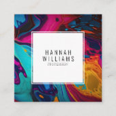 鮮やかなオレンジ色の青いQrコードカラフル大理石パターン スクエア名刺 (正面)