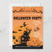 鮮やかなオレンジ色の黒い幽霊屋敷ハロウィン 招待状 (正面)