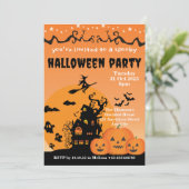 鮮やかなオレンジ色の黒い幽霊屋敷ハロウィン 招待状 (スタンド正面)