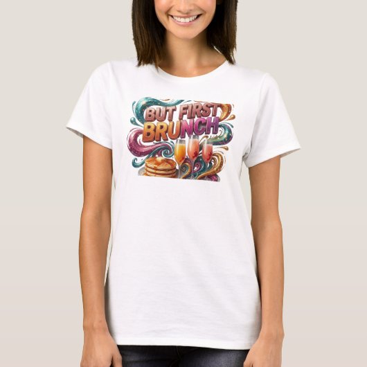 鮮やかなオレンジ色のBUT FIRST BRUNCHステートメントTシャツ Tシャツ (正面)