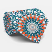 鮮やかなオレンジ＆ターコイズのマンダラ幾何学的なトーテムパターン ネクタイ (ロール)