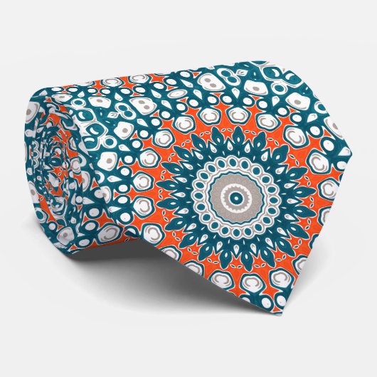 鮮やかなオレンジ&ターコイズのマンダラ幾何学的なトーテムパターン ネクタイ (ロール)
