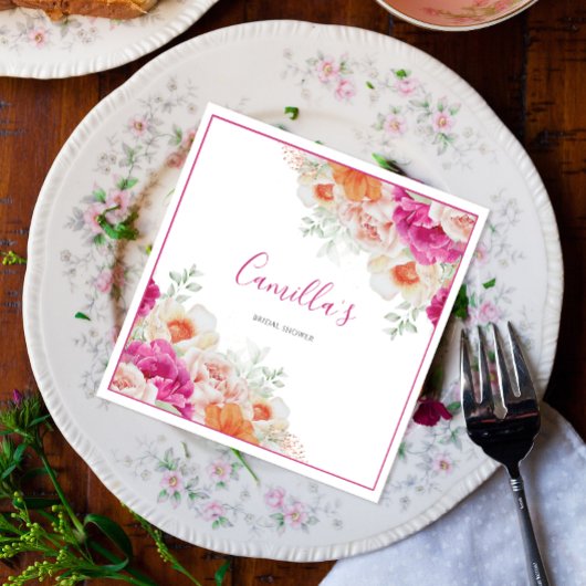 鮮やかなオレンジ&ピンクの水彩花模様の紙皿 スタンダードカクテルナプキン