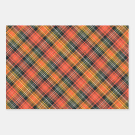 鮮やかなオレンジ、緑、金ゴールドの格子模様 ラッピングペーパーシート