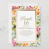 鮮やかなオレンジ 花の緑の葉 ゴールド スイート16 招待状 (正面)