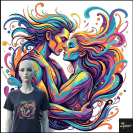 鮮やかなカップルの抱擁 サイケデリックな流れるアート トライブレンドTシャツ