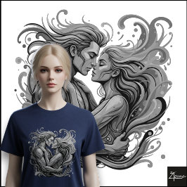 鮮やかなカップルの抱擁 サイケデリックな流れるアート トライブレンドTシャツ