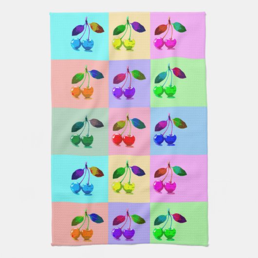 鮮やかなカラフルさくらんぼ – アポップ・アートのート キッチンタオル (縦)