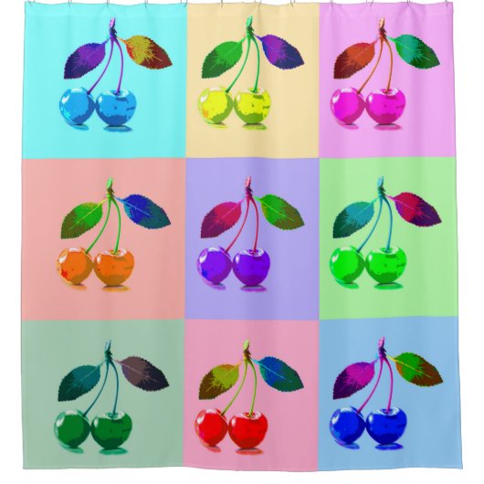鮮やかなカラフルさくらんぼ – アポップ・アートのート シャワーカーテン (正面)