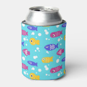 鮮やかなカラフルなキャラクターの魚柄 ブルー 缶クーラー (缶正面)