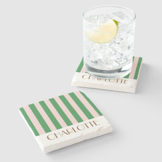 鮮やかなカラフルなストライプ 緑 おしゃれなウェディング ストーンコースター (横)