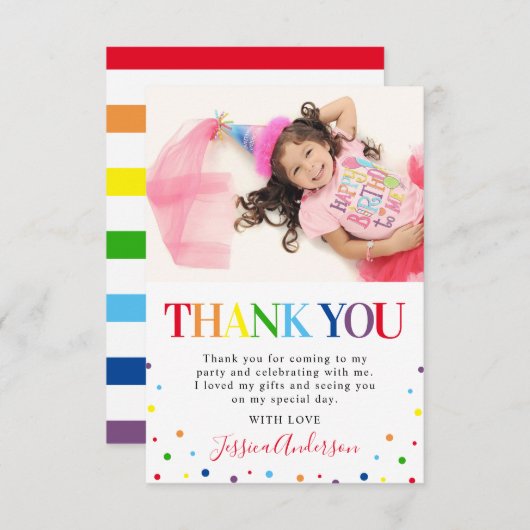 鮮やかなカラフルな子供の誕生日写真 サンキューカード (正面/裏面)