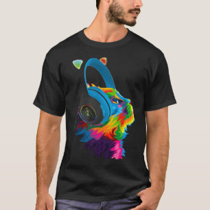 鮮やかなカラフルなDJ猫 ヘッドホン テックハウス Tシャツ