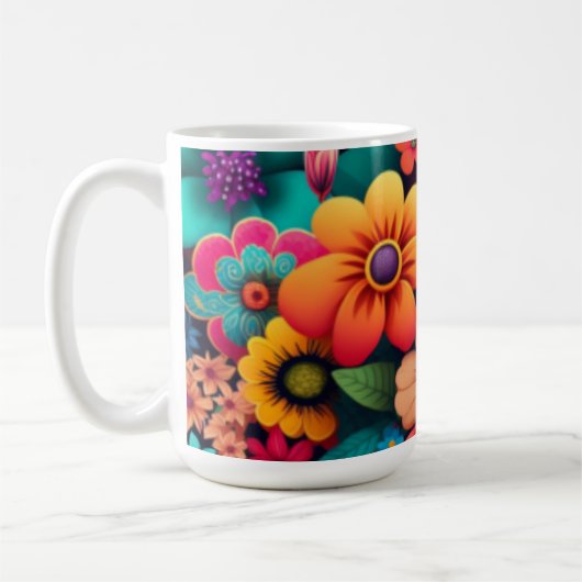 鮮やかなカラフルヴィンテージ花 コーヒーマグカップ (左)