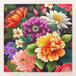 鮮やかなカラフル花 ガラスコースター