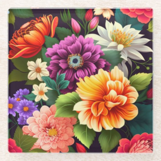鮮やかなカラフル花 ガラスコースター (正面)