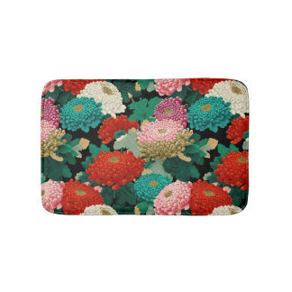 鮮やかなキクの花 ボタニカルフラワーパターン バスマット