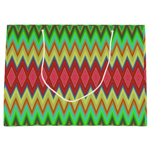 鮮やかなギフトバッグで、緑、赤、黄色の様々な色の ラージペーパーバッグ (正面)