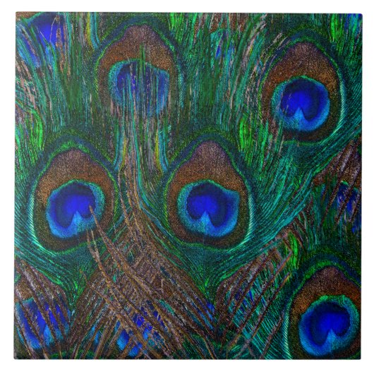 鮮やかなクジャクの羽のエッチングスタイル装飾 タイル (正面)