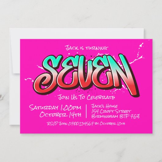 鮮やかなグラフィティの7歳誕生日パーティー招待状 招待状 (正面)