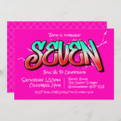 鮮やかなグラフィティの7歳誕生日パーティー招待状 招待状 (正面/裏面)